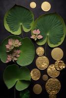 manojo de oro monedas sentado en parte superior de un verde hoja. generativo ai. foto