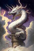 painting of a dragon on top of a tower. . photo