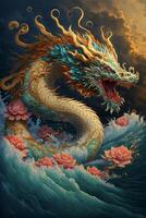 painting of a dragon on a wave. . photo
