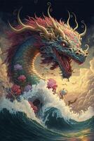 painting of a dragon riding a wave. . photo