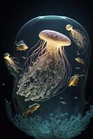 group of jellyfish swimming in an aquarium. . photo