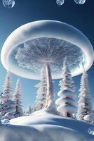 group of snow covered trees sitting on top of a snow covered hill. . photo