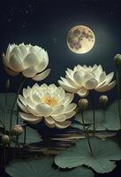 group of white flowers with a full moon in the background. . photo