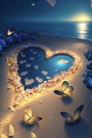 heart made out of flowers and butterflies on a beach. . photo