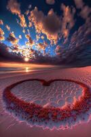 heart made out of petals on a beach. . photo