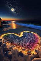 corazón hecho fuera de rocas en un playa a noche. generativo ai. foto
