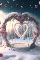heart shaped cage sitting on top of a snow covered ground. . photo