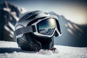 casco y gafas de protección sentado en el nieve. generativo ai. foto