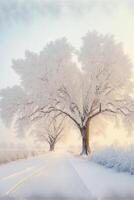 couple of trees that are standing in the snow. . photo