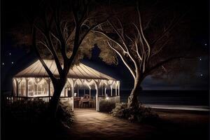 gazebo sitting on top of a sandy beach. . photo