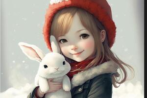 girl in a red hat holding a white rabbit. . photo