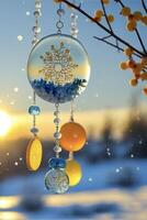 glass ornament hanging from a tree in the snow. . photo