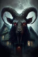 goat with red eyes standing in front of a house. . photo