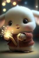 close up of a rabbit holding a sparkler. . photo