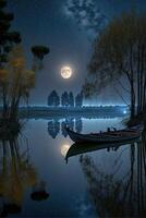 boat floating on top of a lake under a full moon. . photo