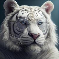 close up of a white tiger wearing glasses. . photo