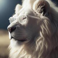 close up of a white lion wearing glasses. . photo