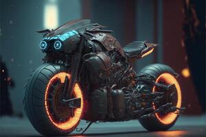 close up of a motorcycle with glowing wheels. . photo