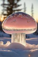 close up of a mushroom in the snow. . photo