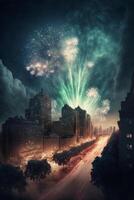 ciudad a noche con fuegos artificiales en el cielo. generativo ai. foto