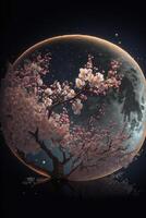 cherry blossom tree in front of a full moon. . photo