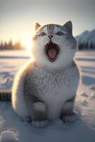 cat sitting in the snow with its mouth open. . photo