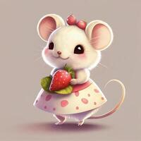 cartoon mouse in a polka dot dress holding a strawberry. . photo