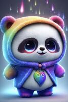 cartoon panda bear wearing a rainbow hoodie. . photo