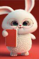 cartoon bunny with glasses holding a book. . photo