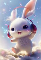 cartoon bunny with headphones running through the snow. . photo
