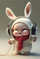 dibujos animados conejito vistiendo auriculares y un bufanda. generativo ai. foto