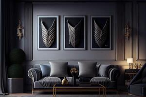 interior dersign, 3 picture frames on the wall, luxury furniture modern design for living room . photo
