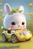 cartoon bunny driving a yellow sports car. . photo