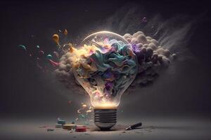 a lightbulb that is bursting with ideas, with thought bubbles and words swirling around it, as if it were the source of creative inspiration. photo