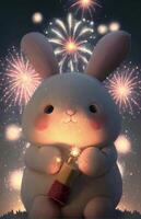 rabbit holding a sparkler with fireworks in the background. . photo