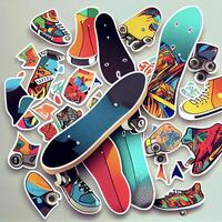 bunch of skateboard stickers laying on top of each other. . photo