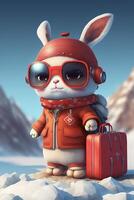 rabbit that is standing in the snow with a suitcase. . photo