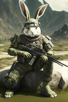 rabbit with a gun sitting on a rock. . photo