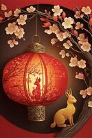 red lantern sitting on top of a tree next to a rabbit. . photo