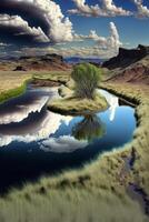 river running through a lush green valley. . photo