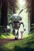 robot corriendo mediante un bosque con un pequeño muchacha. generativo ai. foto