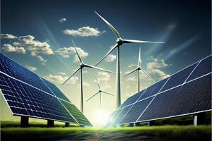 row of solar panels with wind turbines in the background. . photo