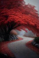 rojo árbol sentado en el lado de un la carretera. generativo ai. foto