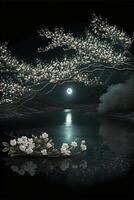 painting of a full moon over a lake. . photo