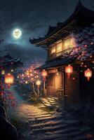 painting of a night scene with lanterns. . photo