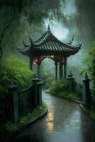 painting of a pagoda in the rain. . photo