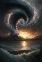 painting of a swirl over a body of water. . photo