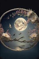 painting of birds flying in front of a full moon. . photo