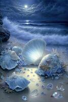 painting of shells and seashells on a beach. . photo