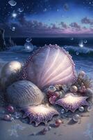 painting of shells and seashells on a beach. . photo